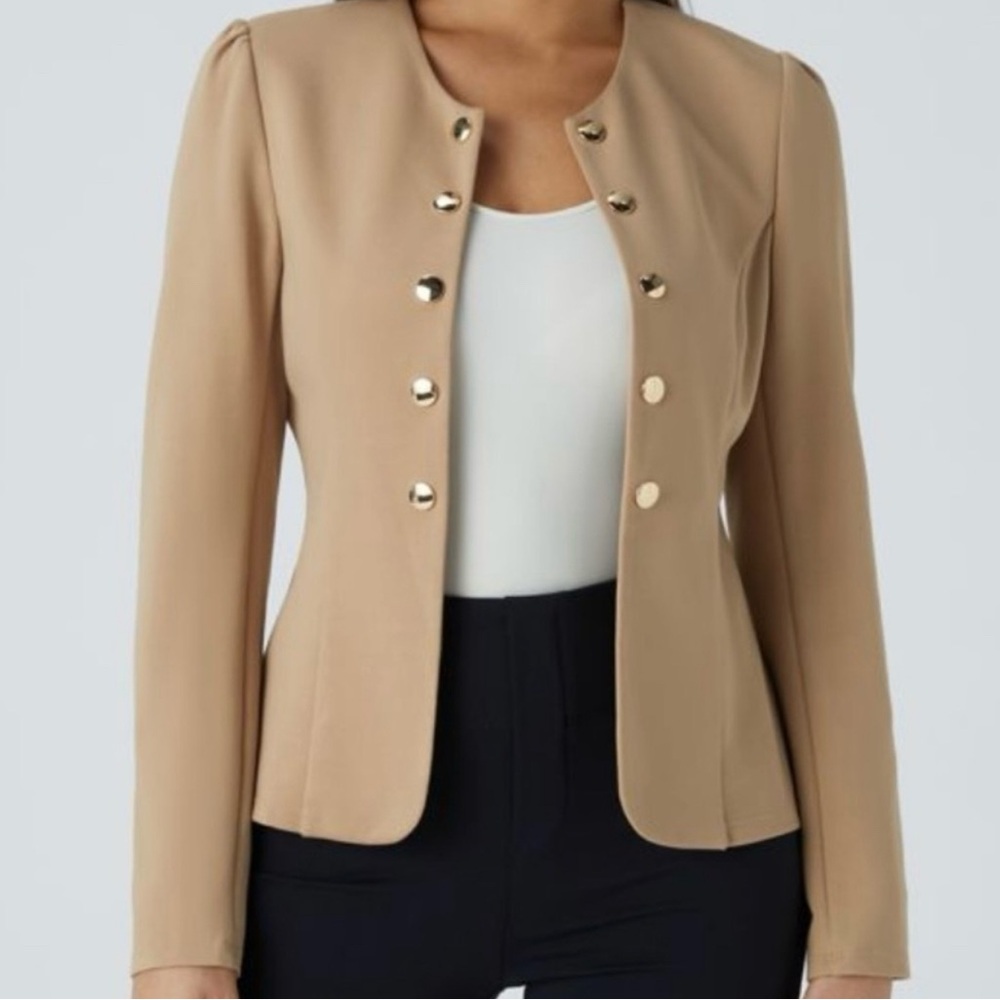 Halara round neck long sleeve decorative slim work tan jacket medium